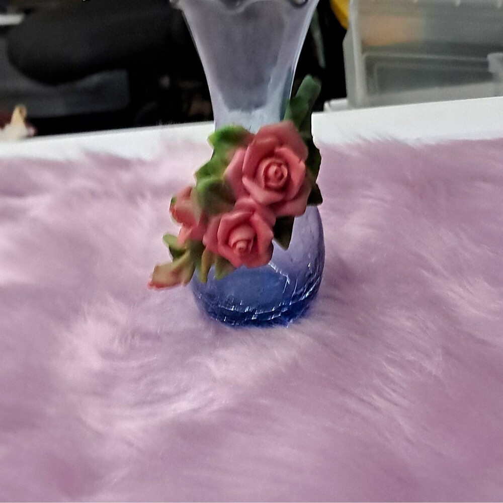 Blue Crackle Glass Vase Pink Rose Floral Decorative Accent Green Leaves